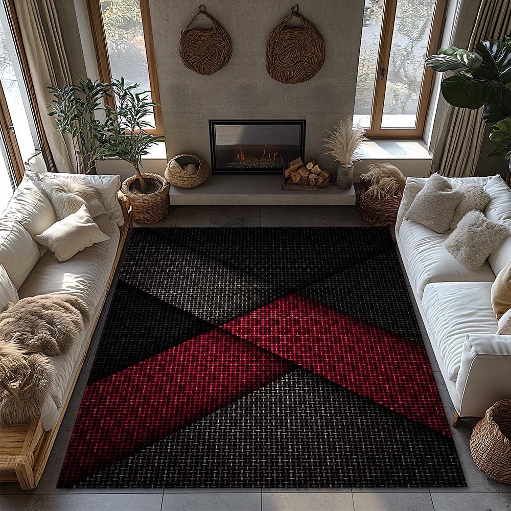 Red Black Geometric Area Rug, Modern Bohemian Carpet for Living Room, Soft Non-Slip Sofa Mat with Tribal Pattern Decor