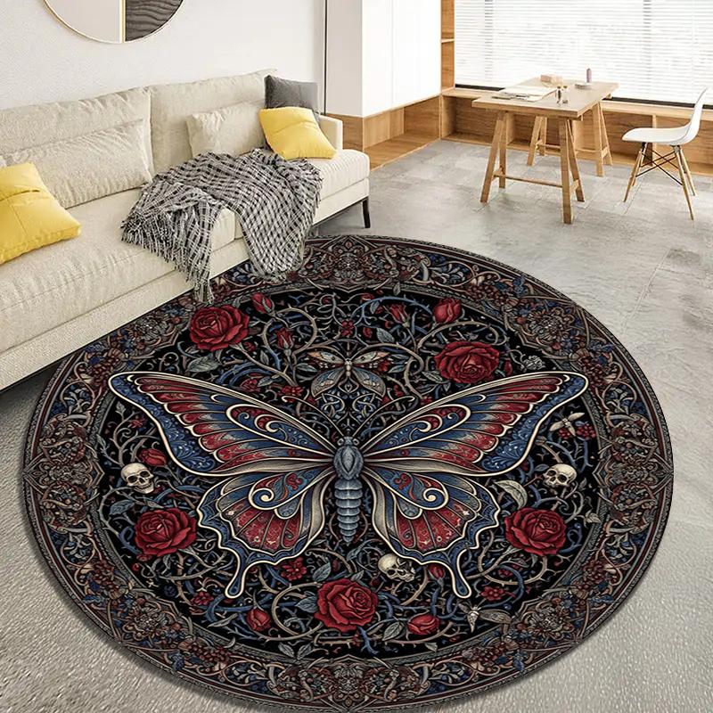 Schmetterling Gotischer Prunk Runder Teppich, Teppich für Wohnzimmer Schlafzimmer Sofa Spielzimmer Dekor, Rutschfeste Fußmatte83