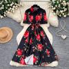 New Summer Beach Gorgeous Floral Midi Dress Shirt Women Single Breasted Belt Lace Up Short Sleeve Long Party Dresses Office Lady