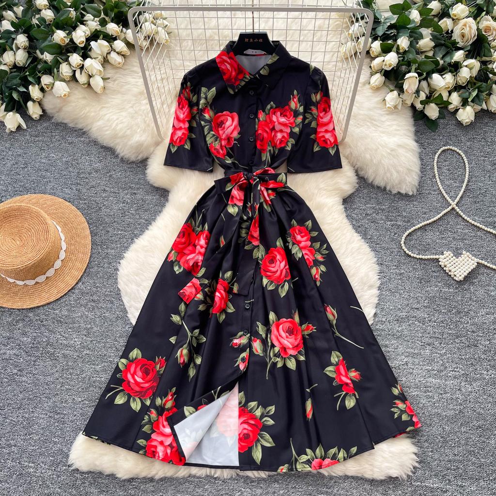 New Summer Beach Gorgeous Floral Midi Dress Shirt Women Single Breasted Belt Lace Up Short Sleeve Long Party Dresses Office Lady