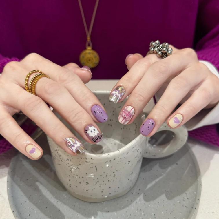 Handmade Press On Nail French Cute Purple Hand-painted Clouds Love 3D Bean Short O Fake Nail Patch Artificial Nail Reusable