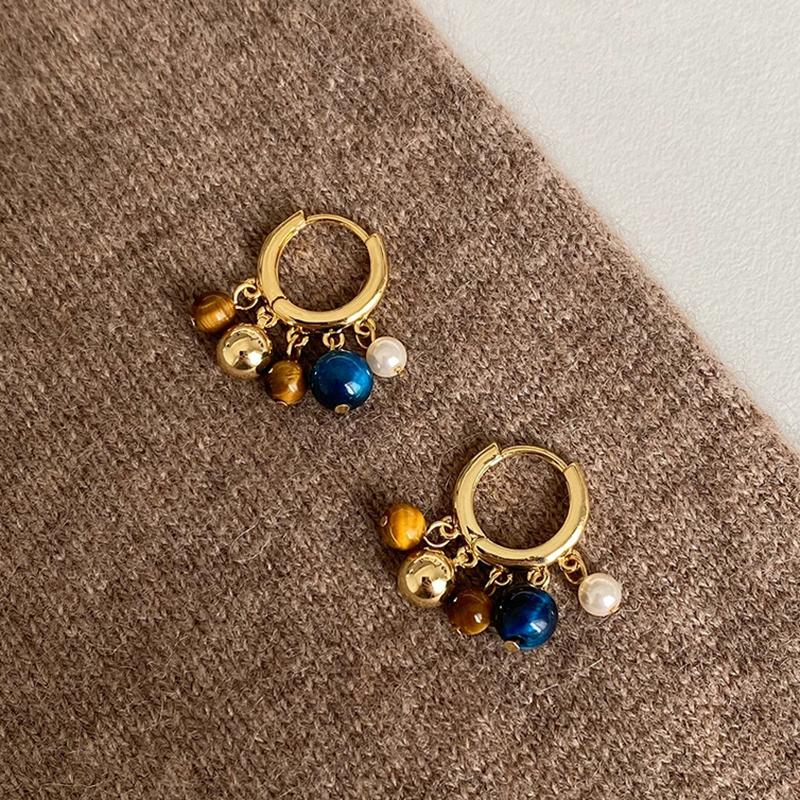 Mallard Color Block Beaded Hoop Earrings Women Brown Stone Pearl Retro Luxury Elegant Design Ear Accessories Commute Daily Gift