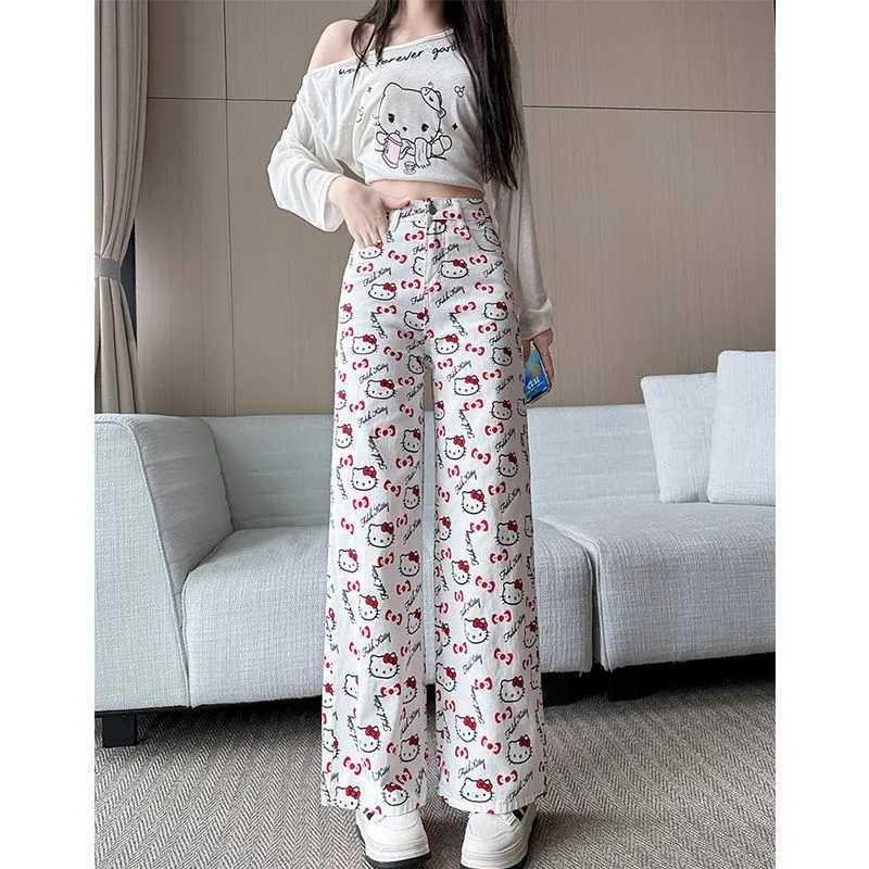

Plus Size Cat Print Wide-Leg High-Waisted Jeans for Women - Spring Floor-Length Pants Extra Large белый