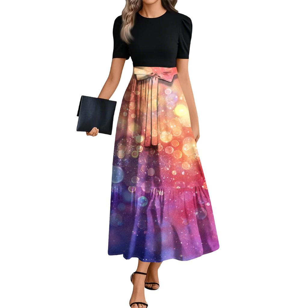 Ladies Fashion Casual Belt Short Sleeve Round Neck Floral Print Splicing Elegant Temperament Dress