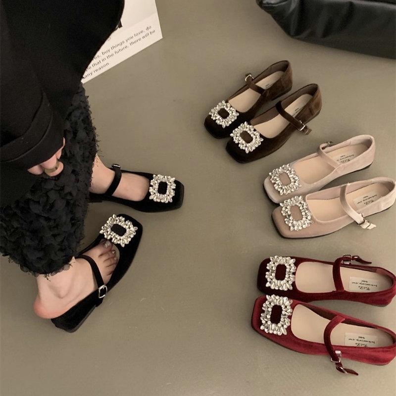 Fashion Flat Shoes for Women's Spring and Autumn French Diamonds Mary Jane Shoes Black Loafers Plus Size Women's Shoes