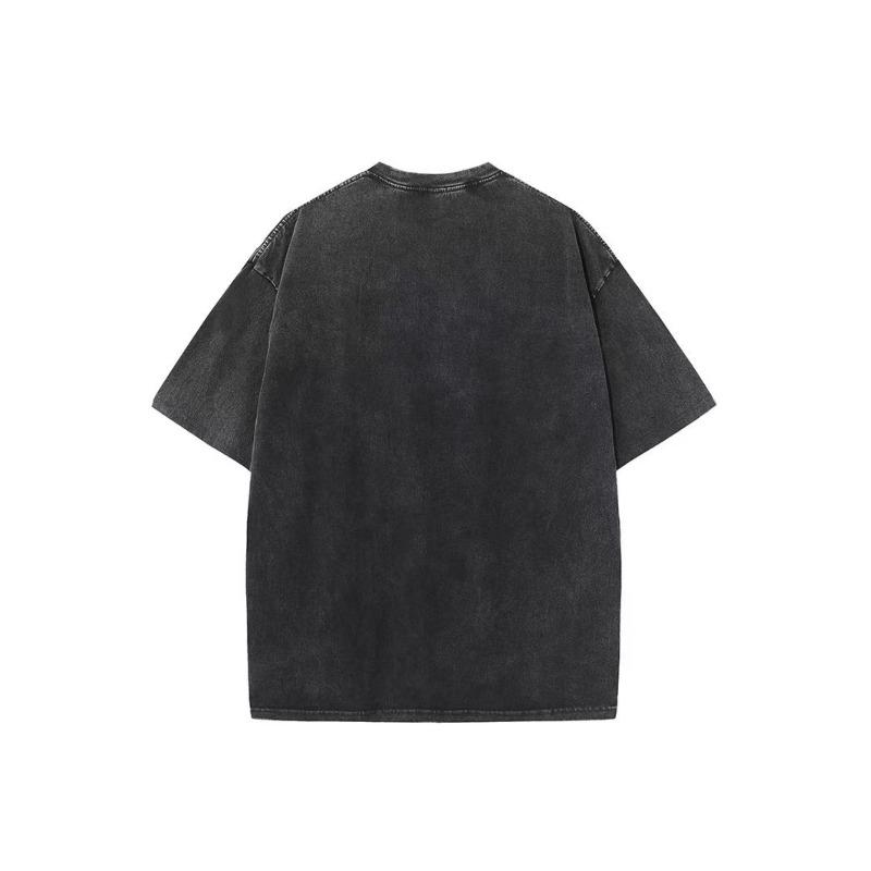 European Size Men's Heavyweight Pure Cotton Vintage Washed T-Shirt - Distressed Casual Round Neck Short Sleeve Tee with Subtle All-Over Print