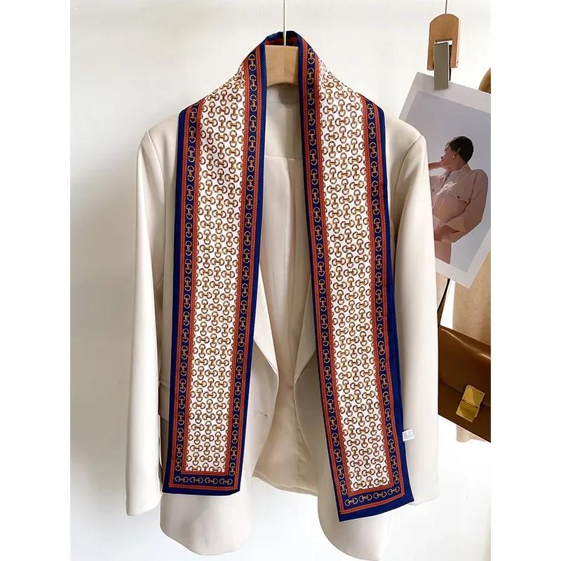 Fashion New Small Silk Scarf Women Tie Bag Headband Chain Printing Hairband Korean Style Neckerchief Ribbon Luxury Brand