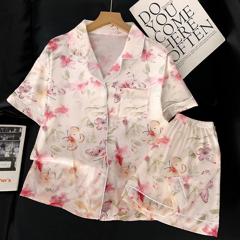 

Летняя пижама с бабочками Женская летняя пижама из ледяного шелка с короткими рукавами Сладкая свободная домашняя одежда в сказочном стиле 2XL