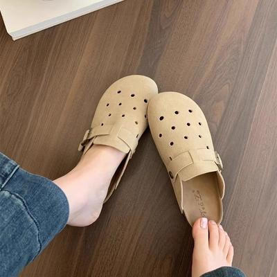 Soft Leather Version~ Thick-soled Bag Head Half Slippers Women's Summer Wear Hole Shoes One Pedal Retro Boken Shoes Sandals