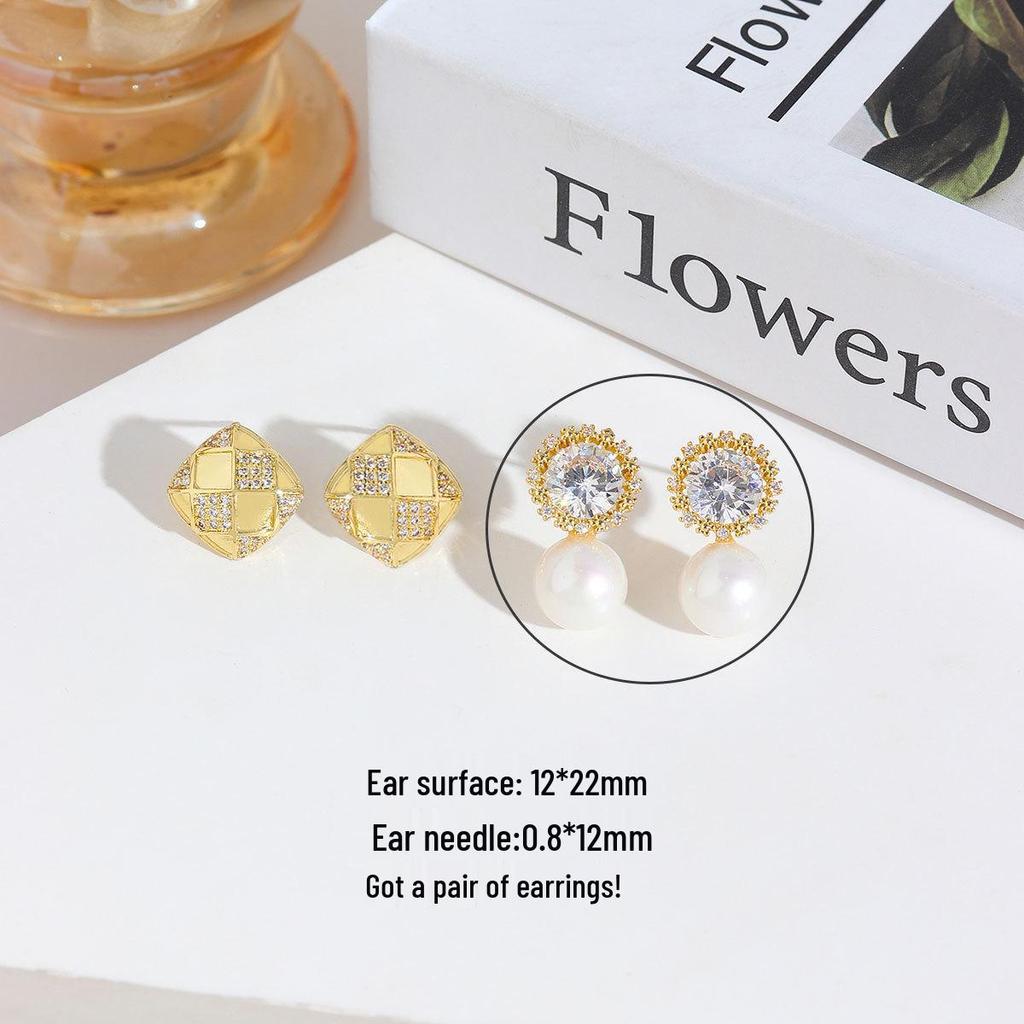 Gold-Plated Diamond Pearl Checkered Snowflake Earrings - French Luxury Design for Women