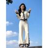 7783 Korean Fashion Rich Girl Heart Color Block Knit Cardigan & Long Pants Set - Fall/Winter