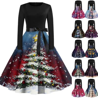 Women's Fashion Vintage Long Sleeve Round Neck Christmas Printed Evening Party Dresses Dresses