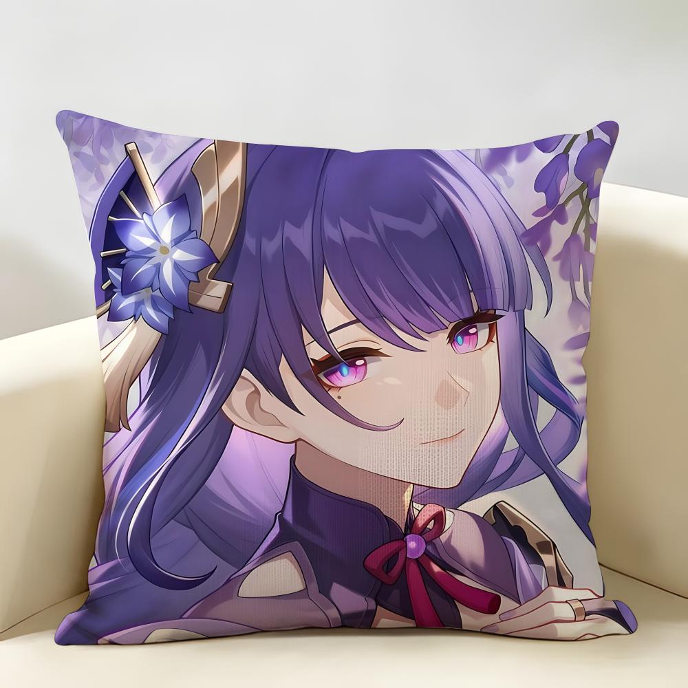 Raiden Shogun Genshin Impact Cushion Cover Natural Linen Organic Fabric DoubleSided Printing Room Sofa Decor Pillow Case