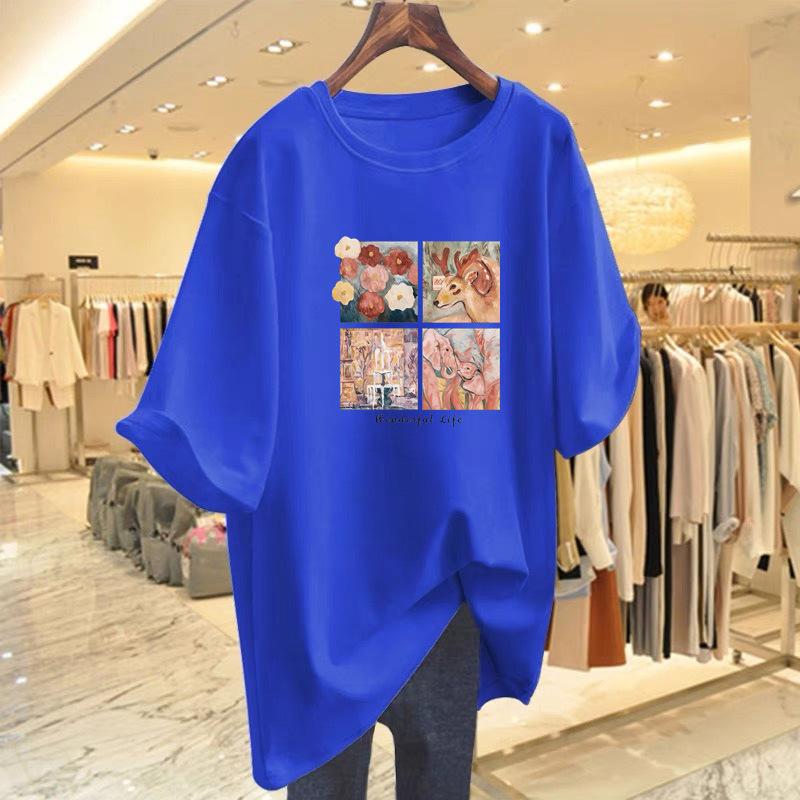 Dark green short-sleeved t-shirt women's large version loose pure cotton medium and long belly-covering and thin half-sleeved t-shirt ns tide