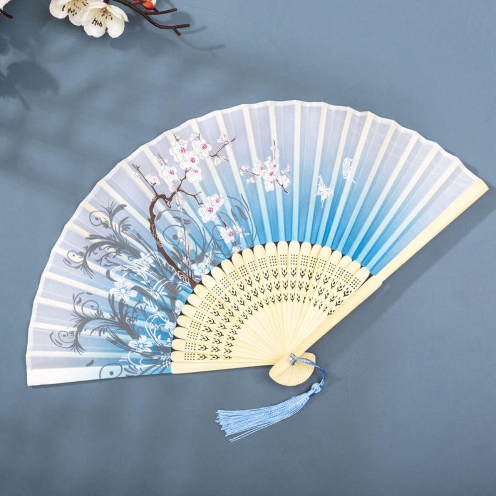Flower Pattern Classical Folding Fan Tassel Cloth Art Chinese Style Fan Wooden handle Retro Classical Dancing Fan