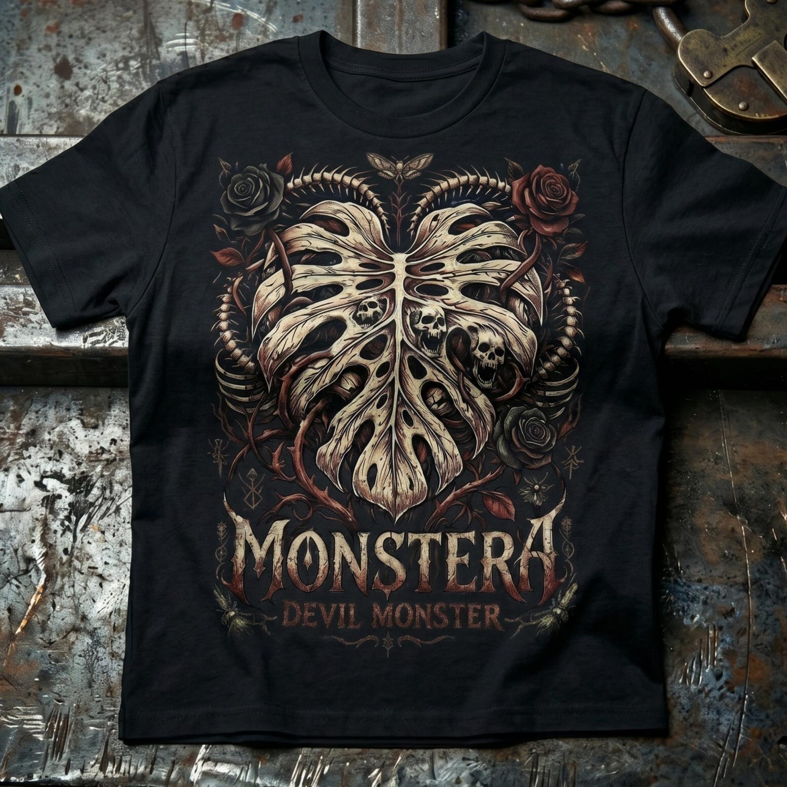 Monstera Devil Monster Shirt • Dark Botanical T-Shirt • Heavy Metal Plant Lover Tee • Gothic Houseplant Clothing • Goth Skull and Rose Top S