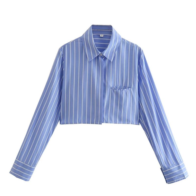 Kaslead Lapel Long Sleeves Striped Short Style Poplin