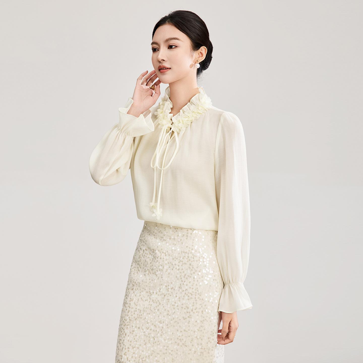 

Elegant Tencel Beaded Lace-Up Petal Collar Shirt - Women s Spring Drapey Long Sleeve Top in Nanyou Style S абрикосовый