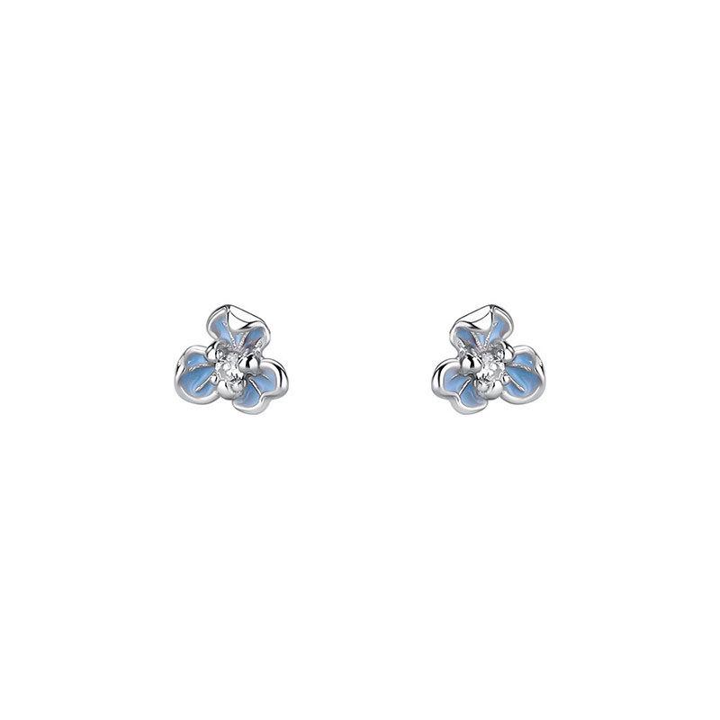 S999 Pure Silver Iris Ear Thread Earrings with Blue Zircon Flower Design