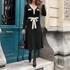 Elegant Vintage Knit Midi Dress Women V-Neck High-Waist A-Line Long Sleeve