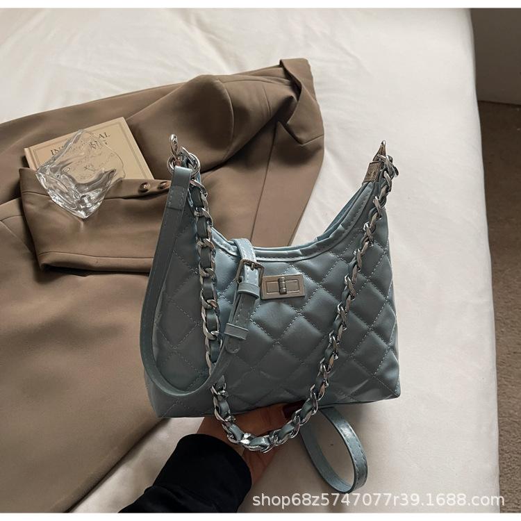 

Niche design diamond check chain single shoulder armpit tote bag 2025 new trendy high-end simple commuter crossbody bag синий