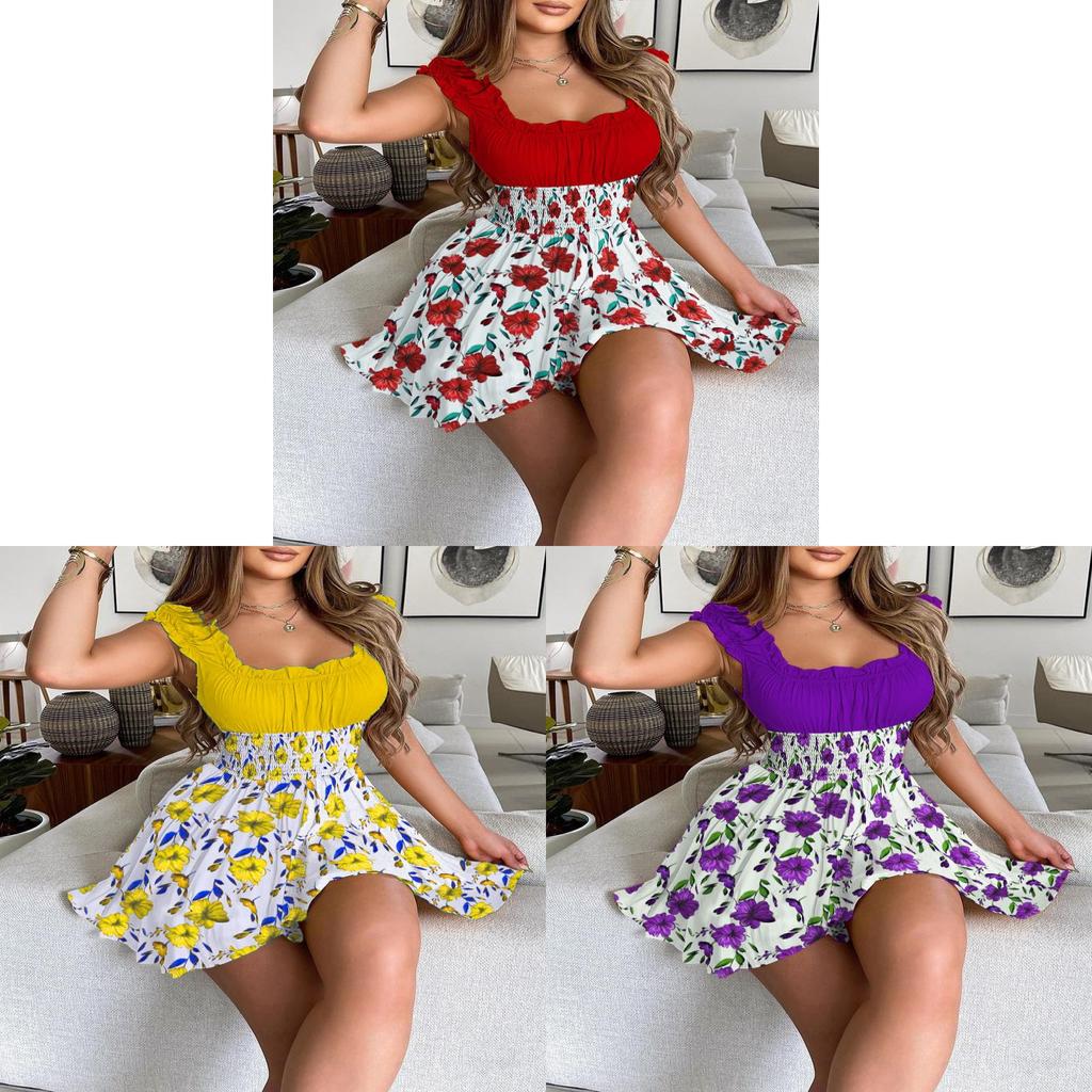 Urban Style Sleeveless Polyester Collage Womens Summer Dress With Pleated Skirt For Casual Wear