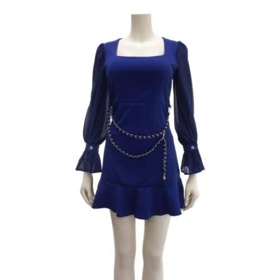 GRAXIA Flared Mini Size Long Square and Design for and Lounge Wear Women's A-Line Dress, Blue, L, Sleeves, Neck, Button-Down Hostess, Hostess,