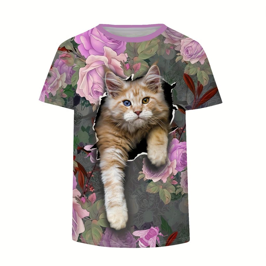 2024 Top Women 3D Cute Cat Printed Women's T-Shirt Oversized T-Shirt Korean Popular Clothes Women Clothing Short Sleeve Blouse