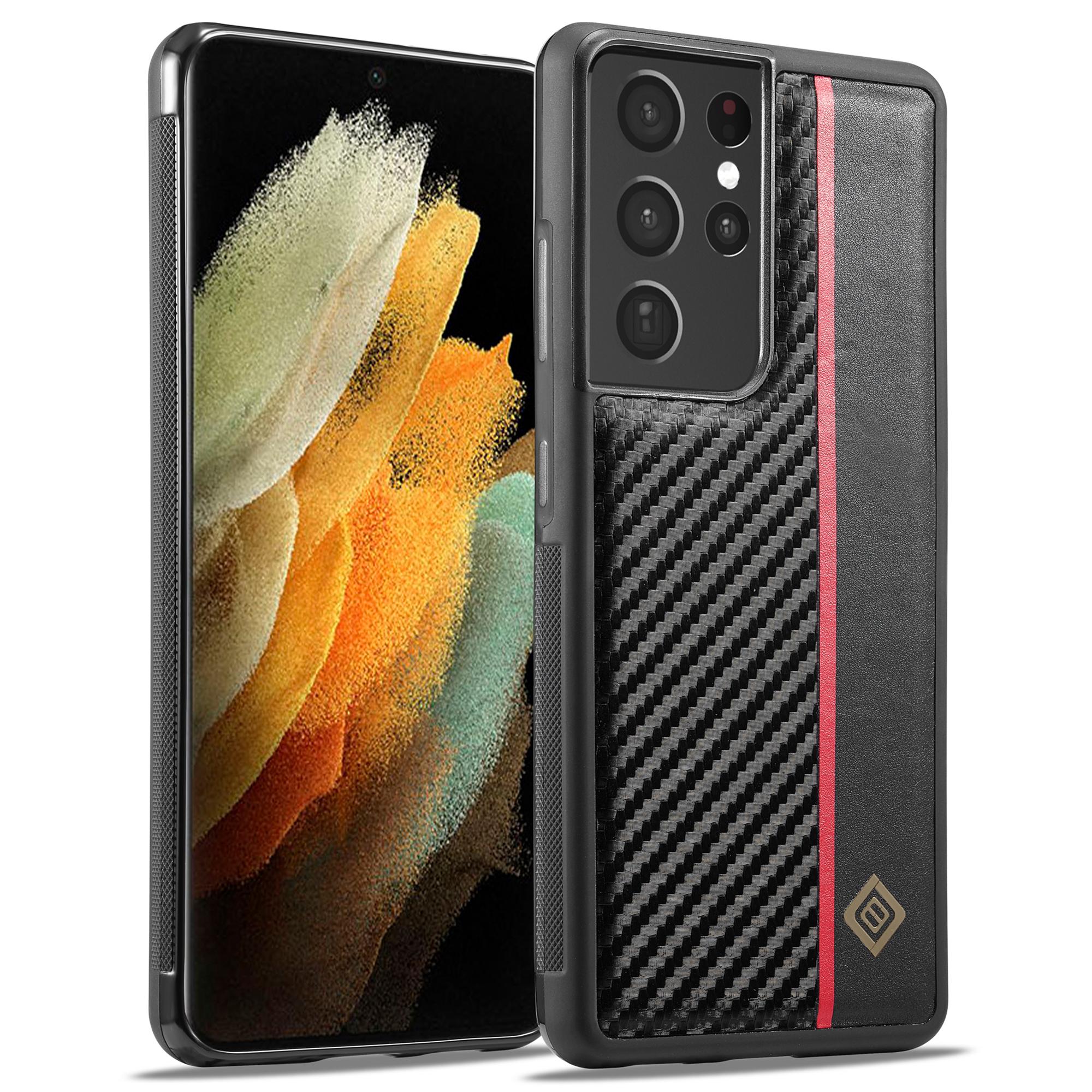 

LC.IMEEKE For Samsung Galaxy S21 Ultra 5G Shock-Absorbing Phone Case PU Leather+TPU+EVA Carbon Fiber Texture Cover A