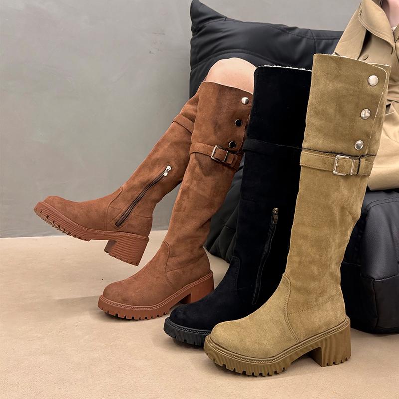 Long Women Boots Fur High Heels Designer Suede Shoes Chunky Fashion Winter Boots  Knee High Fashion Pumps Dress Ladies Boots