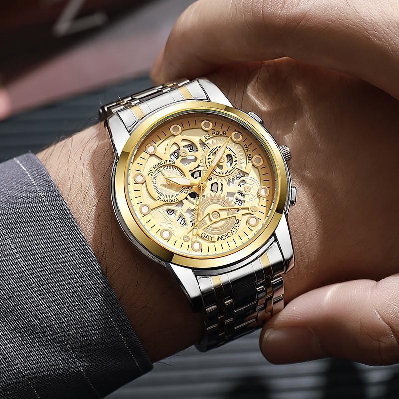 Men S Gear Business Men S Watch Retro Hollow Steel Belt Gold Imitation Mechanical Watch