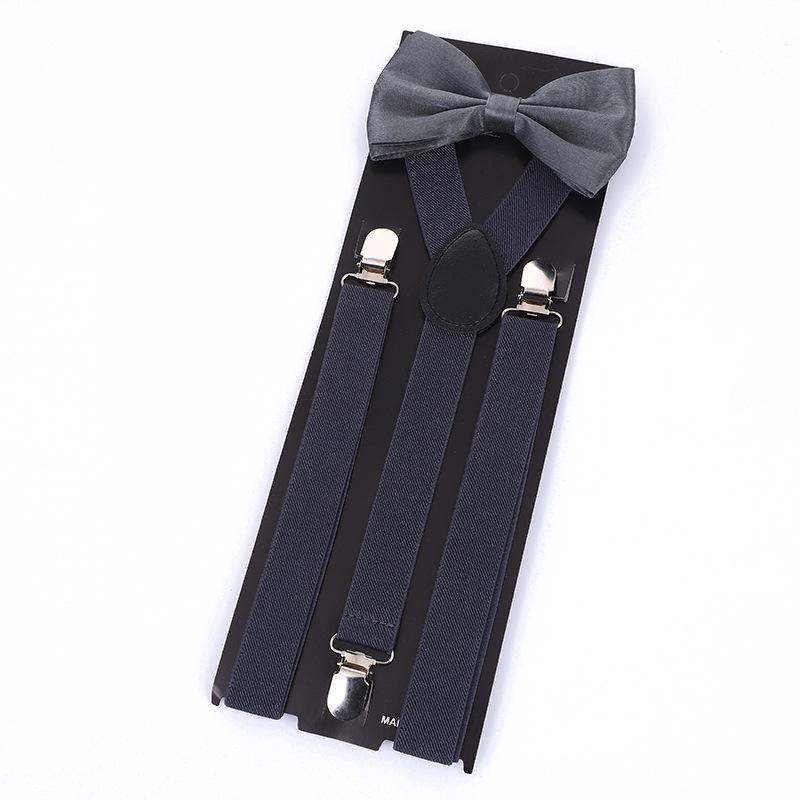 "Unisex Solid Color Suspenders and Bow Tie Set - Three-Clip Elastic Design"