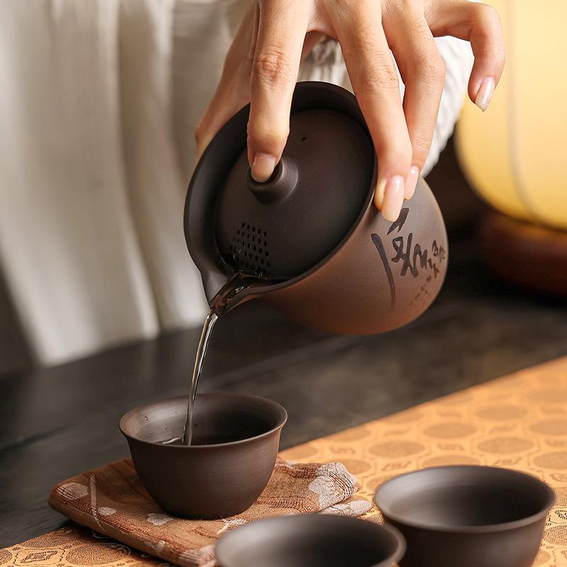 Outdoor one pot three cups tea set portable purple sand express cup light luxury travel teapot gift