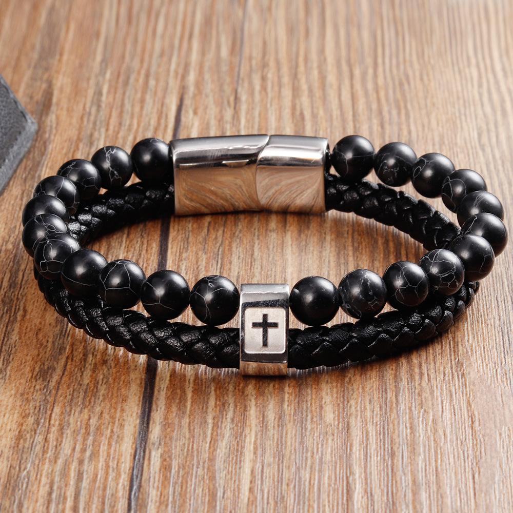 2026 Leather Rope Cowhide Men s Cross Leather Woven Bracelet Natural Stone Multi-layer Leather Bracelet 2026 21CM