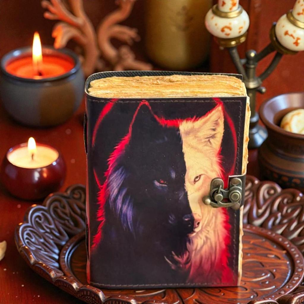 Handmade Dual Wolf Leather Journal | 5×7" Vintage Notebook with 200 Deckle Edge Pages | Yin-Yang Wolf Diary with Lock | Spiritual Writing & Sketchbook