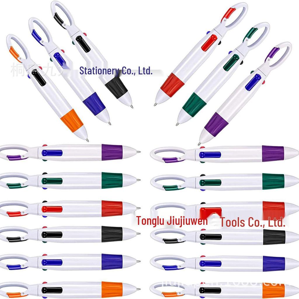 Four-Color Mountaineering Buckle Ballpoint Pen: Portable Pocket Pen with Custom Logo for Promotional Gifts.