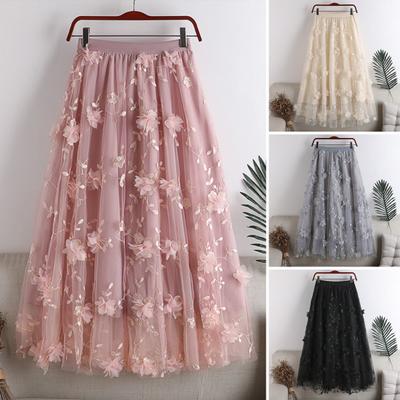 Women Midi Skirt Elastic High Waist Floral Embroidery Print Mesh Skirt Double