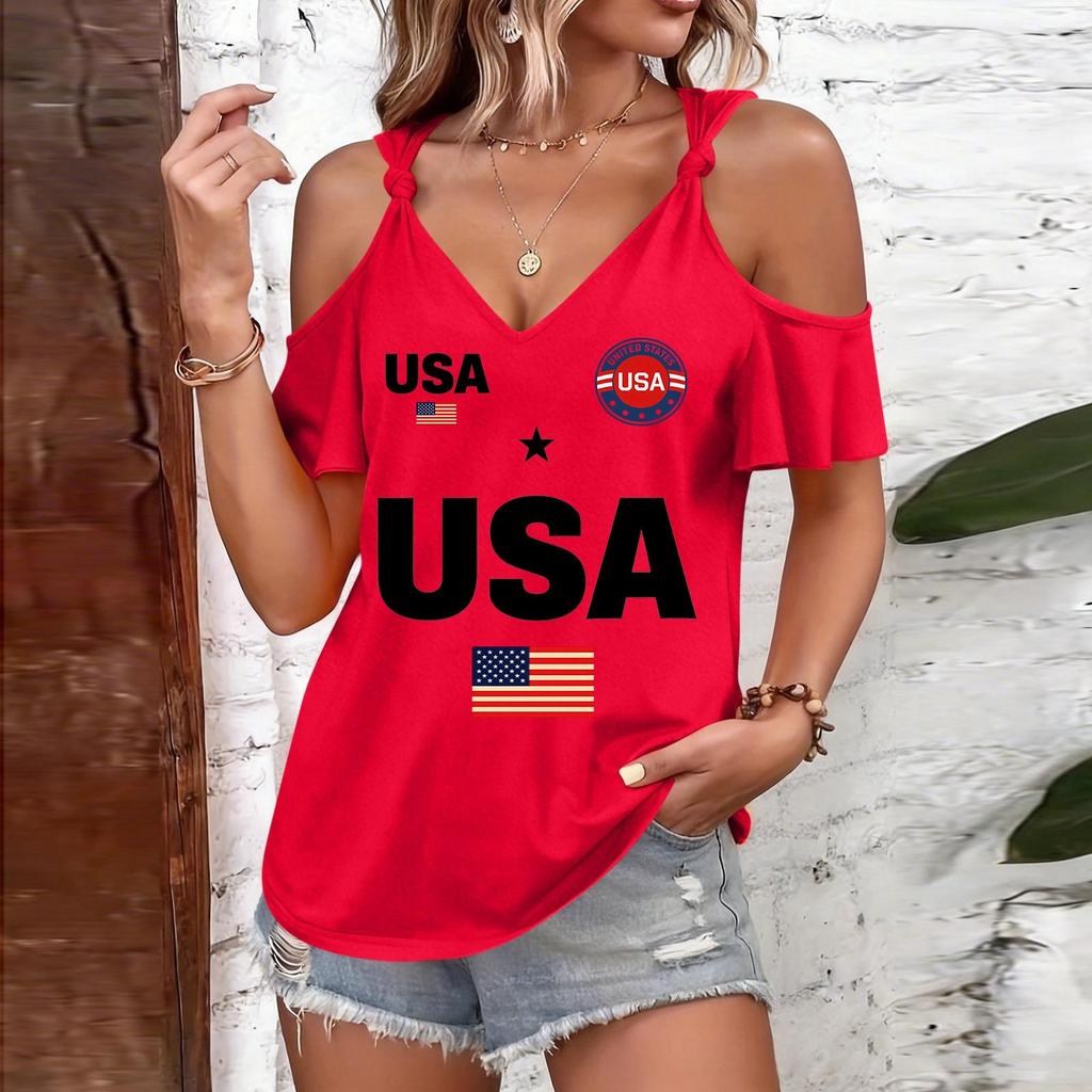 T-shirt Femme Épaules Dégagées Imprimé USA Bretelles à Nouer Manches Courtes Décontracté Haut d'Été Coupe Ample Chemisier Léger pour un Usage Quotidien