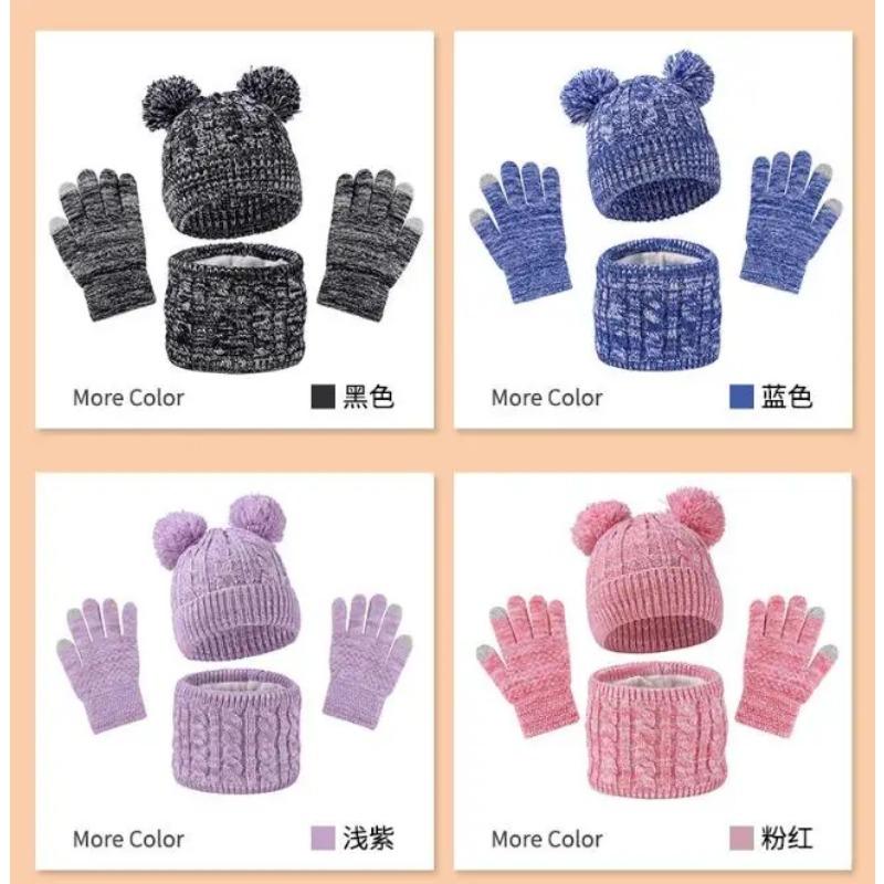 Winter Warm Kids Hat Scarf Gloves Set Thickened Knit Pom 3 In 1 Sets Children Windproof Warmer Neck Protection For Outside