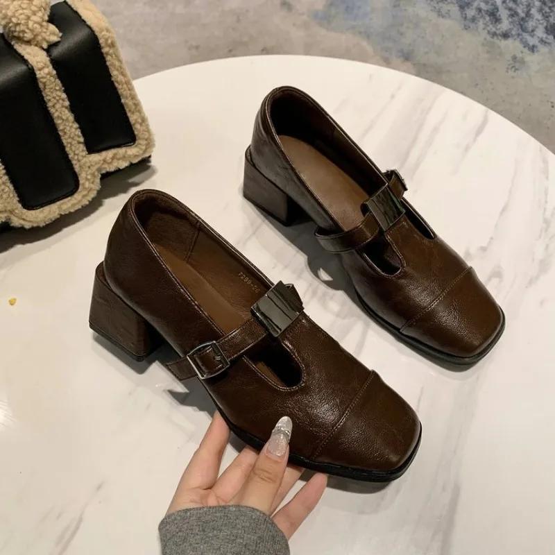 Women's Fashion Thick Heel Shoes Fall New Square Head in The Mouth Metal Buckle Anti-slip Wear-resistant Low-top Shoes