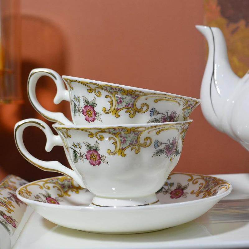 Bone China Tea Cup and Saucer Sets,Porcelain Tea Set with Teapot, Sugar Bowl,Creamer Pitcher,Floral Vintage Tea Cups and Saucers for Party Gift Giving