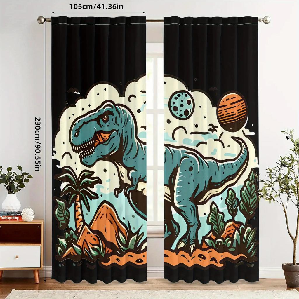 curtain2pcs Tyrannosaurus Rex Dinosaur Curtains- Retro Blackout Curtains with Grommet Top, Polyester Machine Washable