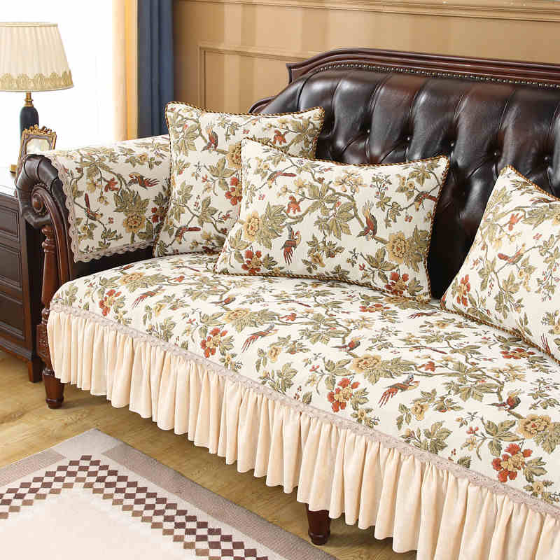 Chenille Jacquard Sofakissen Alle Jahreszeiten Retro Sofabezug Heimdekor Rutschfestes Couchkissen Wohnzimmer Sofa Schutzbezug