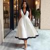 Rochie Midi Eleganta de Seara, Fara Maneci, Decolteu Adanc in V, Blocuri de Culoare, Talie Inalta, Croiala A-Line, Volanta