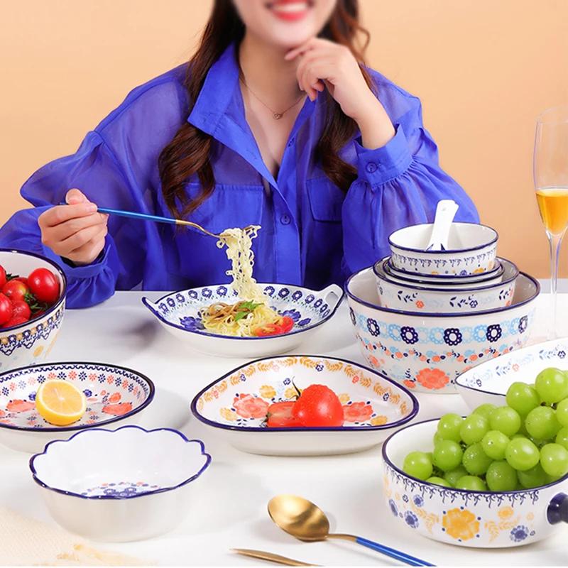 Ceramic Bowls Plate Floral Pattern Ceramic tableware Rice soup bowl Fish plate Dinner Plate Salad Dessert Plates Microwavable