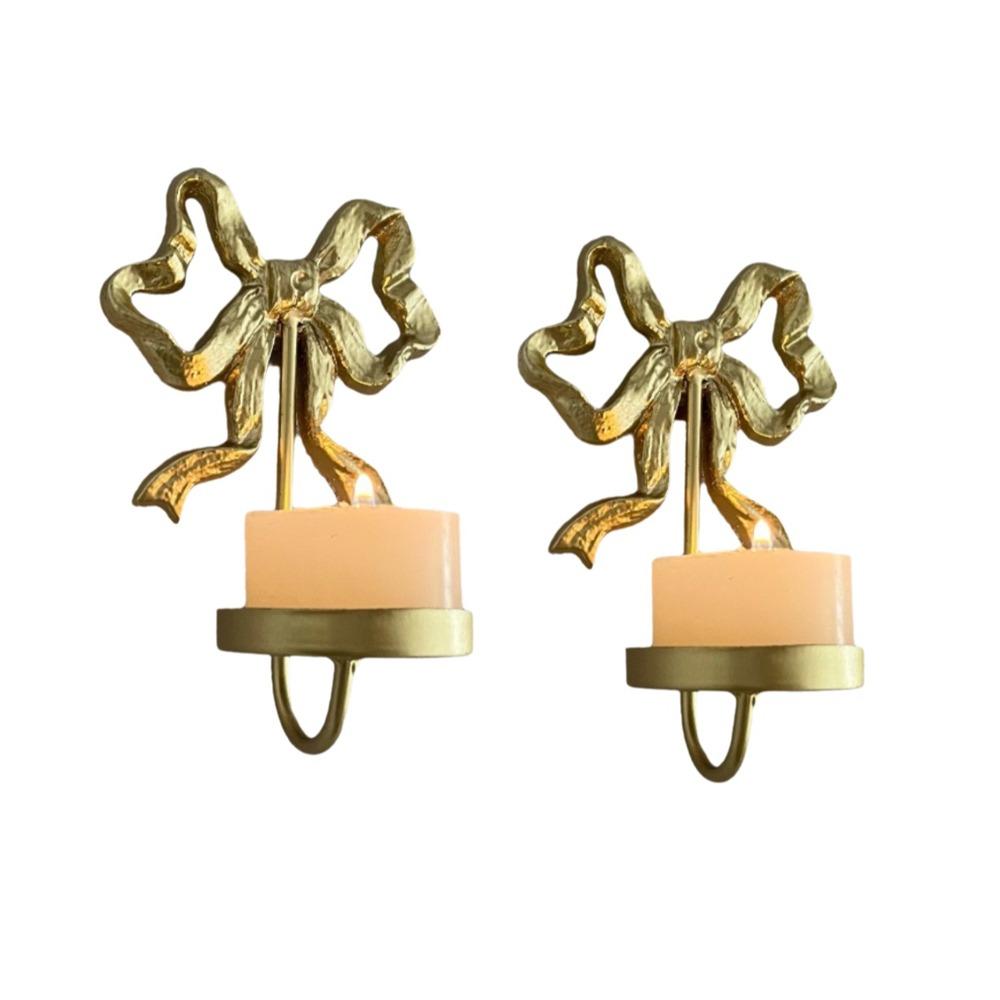 

2PCS Gold Bow Candle Holder Wrought Iron Candle Stand Retro Wall Mounted Candlestick Bathroom золотой