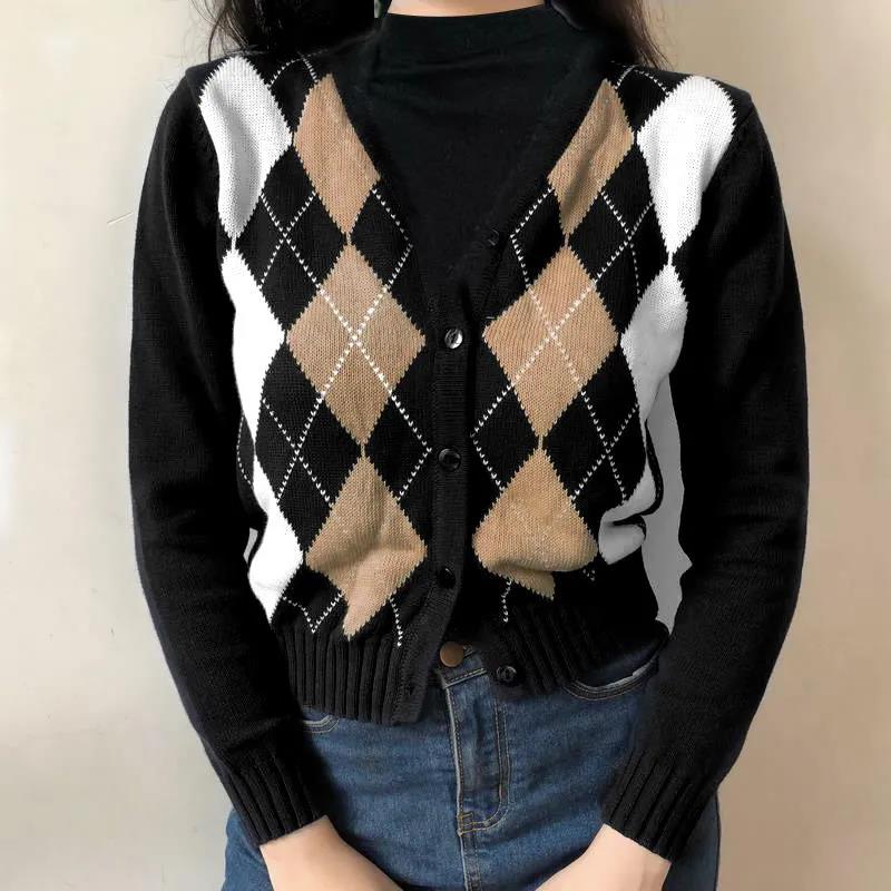 

Женский весенне-осенний вязаный короткий топ с длинным рукавом и v-образным вырезом, винтажный свободный вязаный кардиган большого размера L