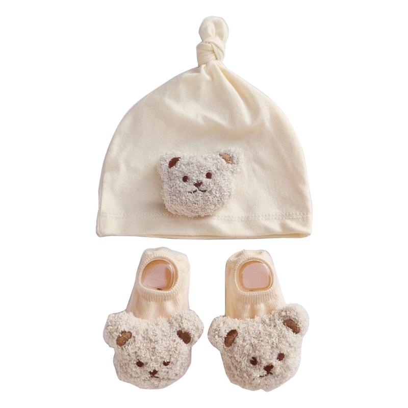 Winddichte Mütze und Bodensocken-Set für Säuglinge Niedliche Bär-Baby-Beanie-Mütze, Neugeborenen-Knotenmützen, Cartoon-Kleinkindermütze
