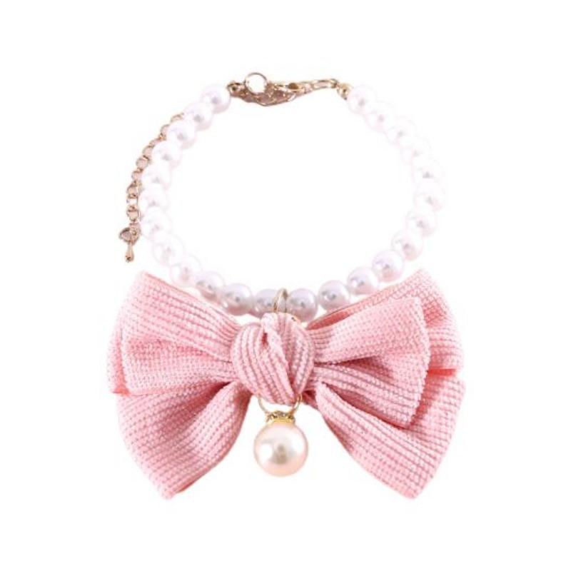 Pet Necklace Elegant Adjustable Cat Dog Collar with Faux Pearl Bow Cute Pet Neck Circle Pet Accessory