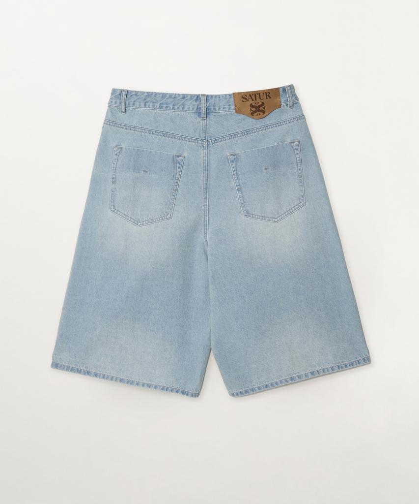 Seteo Pleated Bermuda Washed Denim Shorts Light Blue